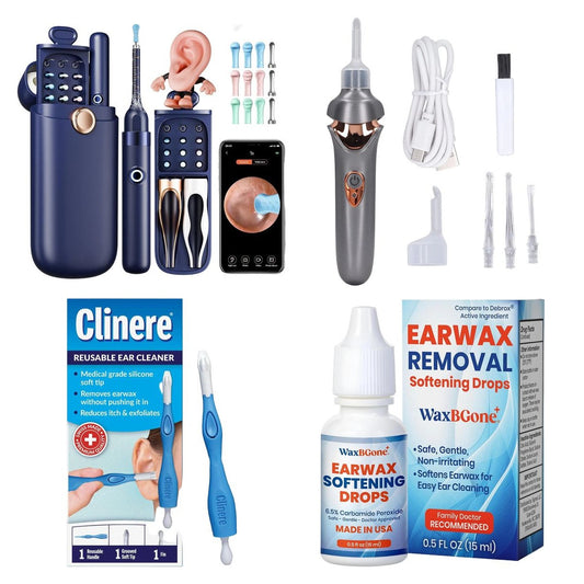 Kit Familiar Premium de Cuidado de Oídos: otoscopio inteligente, aspirador eléctrico con luz LED, kit reutilizable Clinere y gotas ablandadoras de cerumen